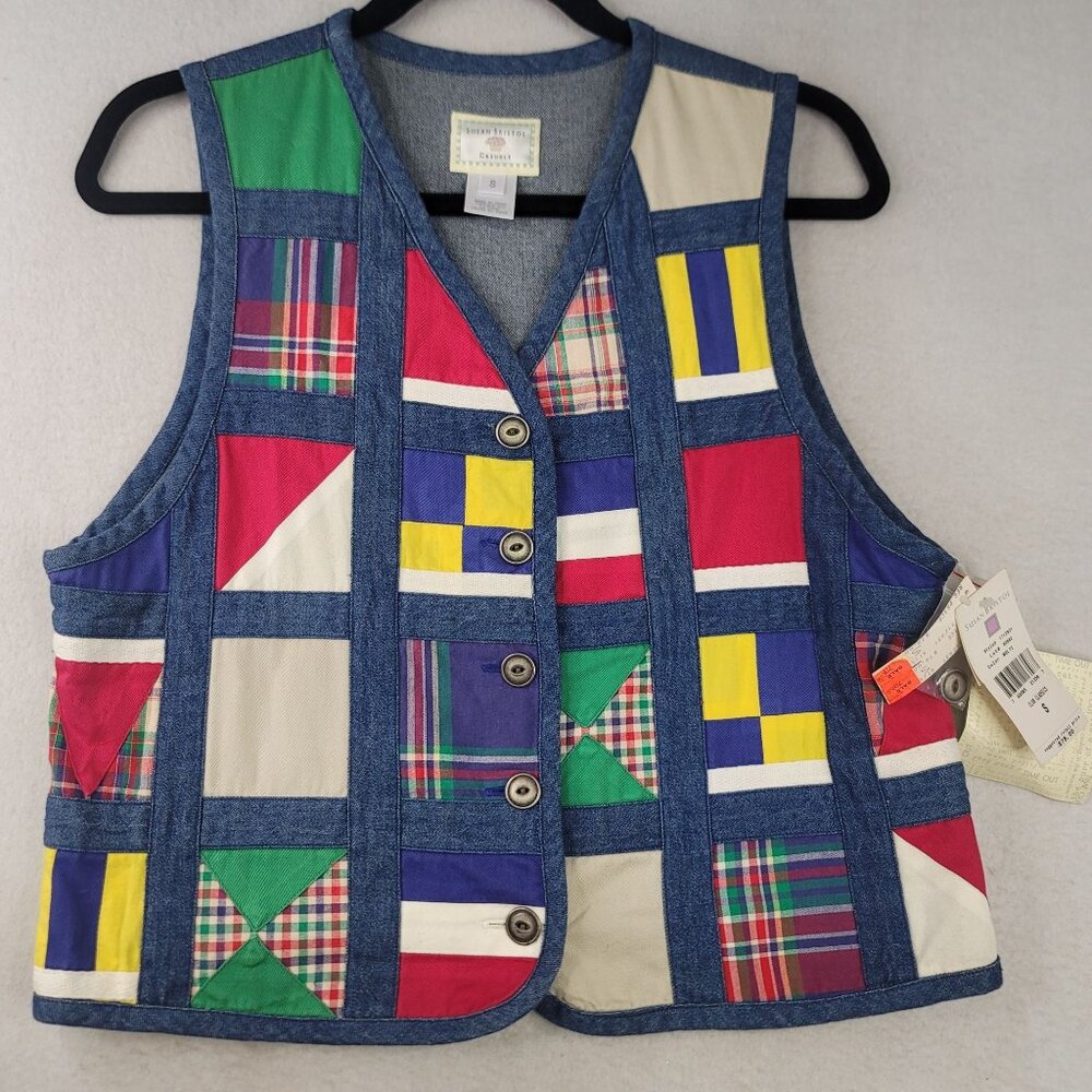 Vintage 90s Susan Bristol Patchwork Denim Vest S Multi Deadstock Retro Country